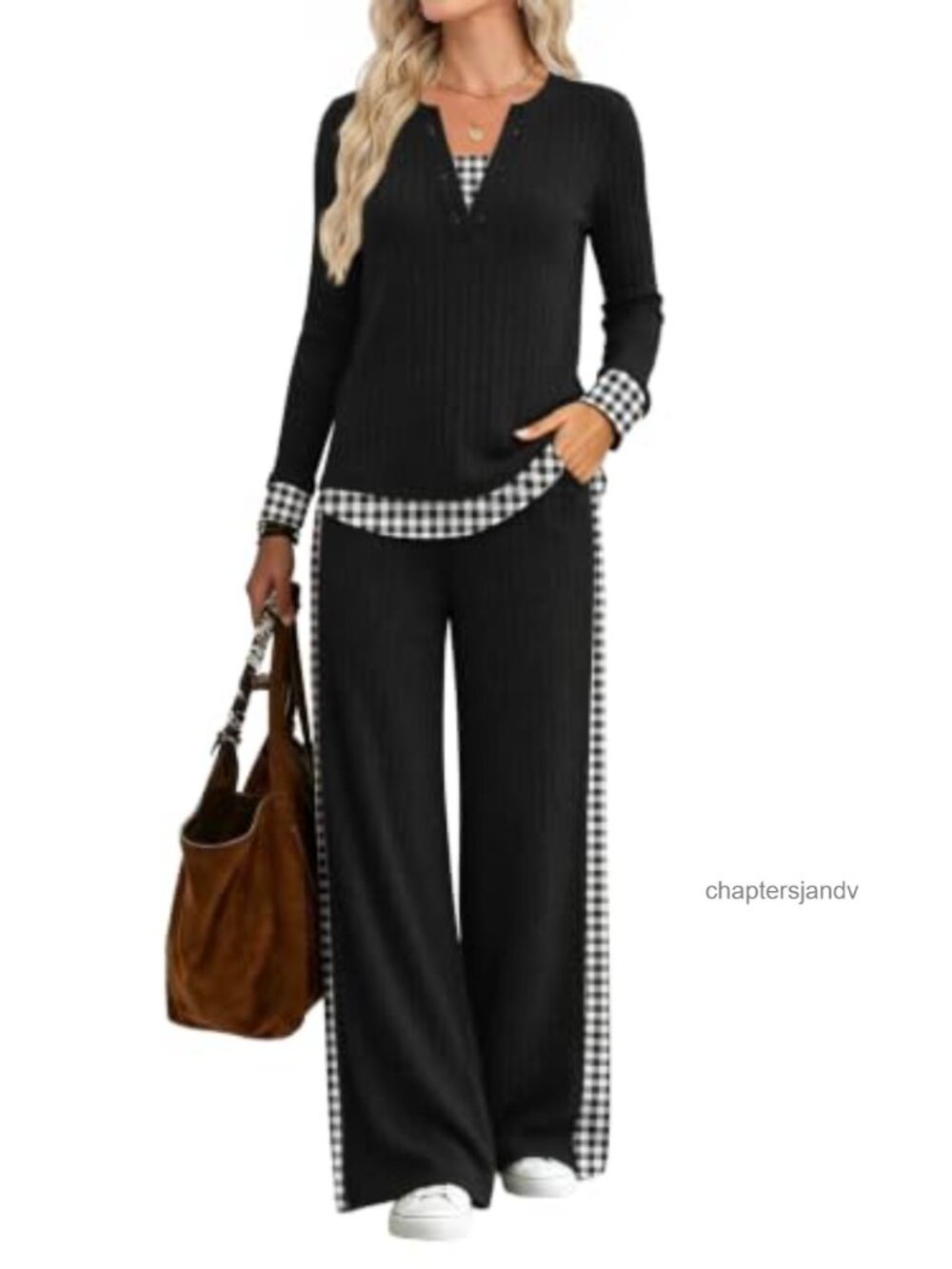 Women's 2-Piece Lounge Set Ribbed Knit Henley Wide Leg Pants Travel Outfit